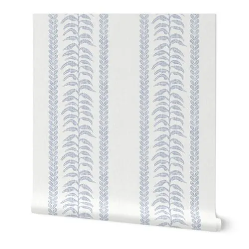Palm Linen Stripe, Blue on White Wallpaper