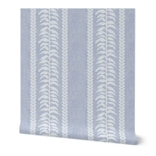 Palm Linen Stripe, White on Light Blue Wallpaper