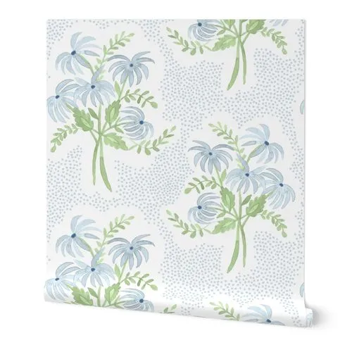 Pearl's Bouquet Soft Blue and Light Green Wallpaper
