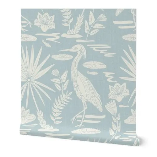 Lowcountry Egret, Large, White on Historical Blue Wallpaper
