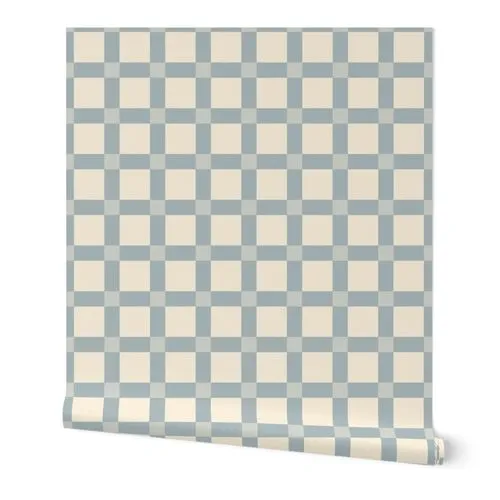 Check Light smokey blue on Cream (Large) Wallpaper