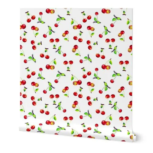 13" Watercolor Fruit Cherry, Cherries fabric, summer fabric Wallpaper