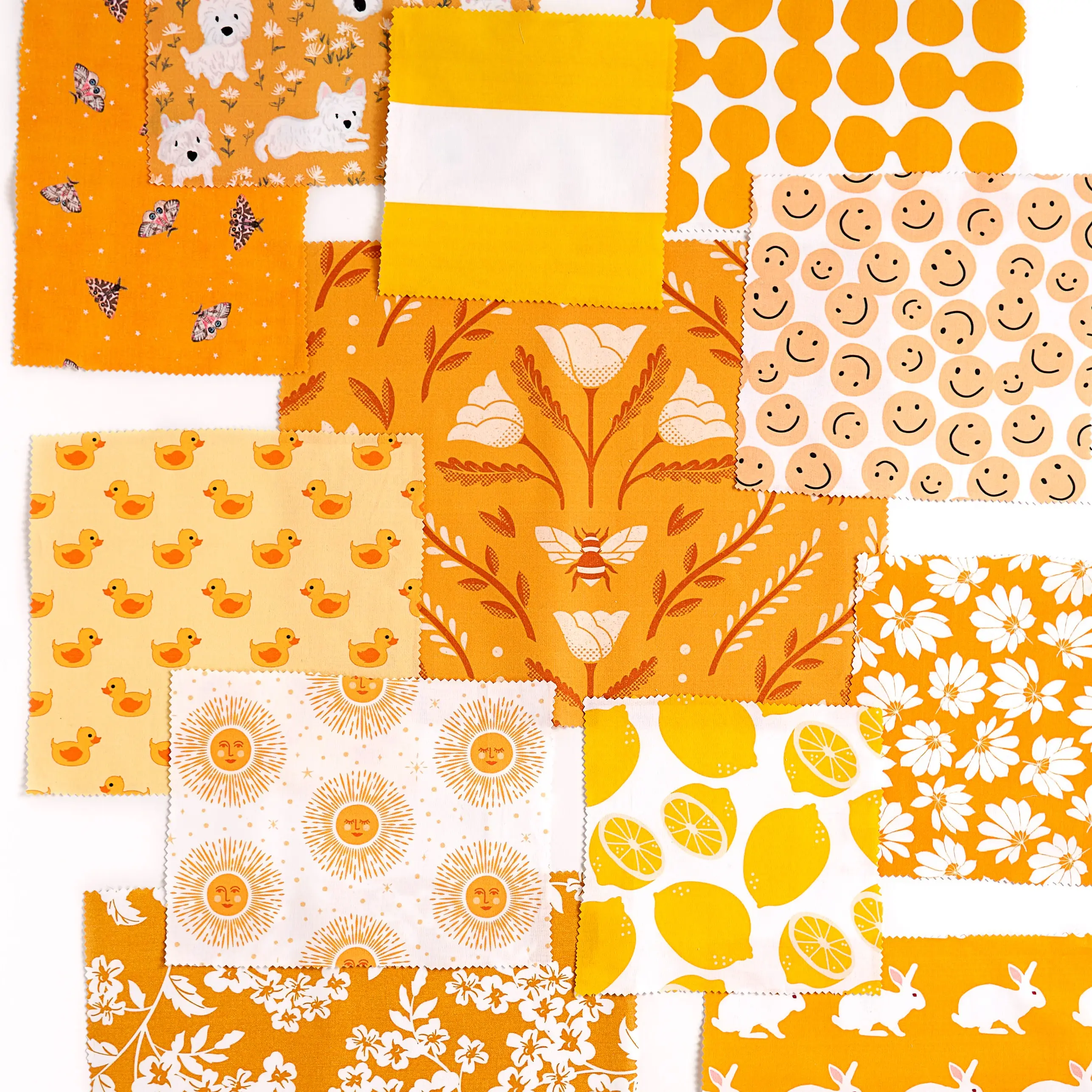 Laydown of yellow printed fabric samples