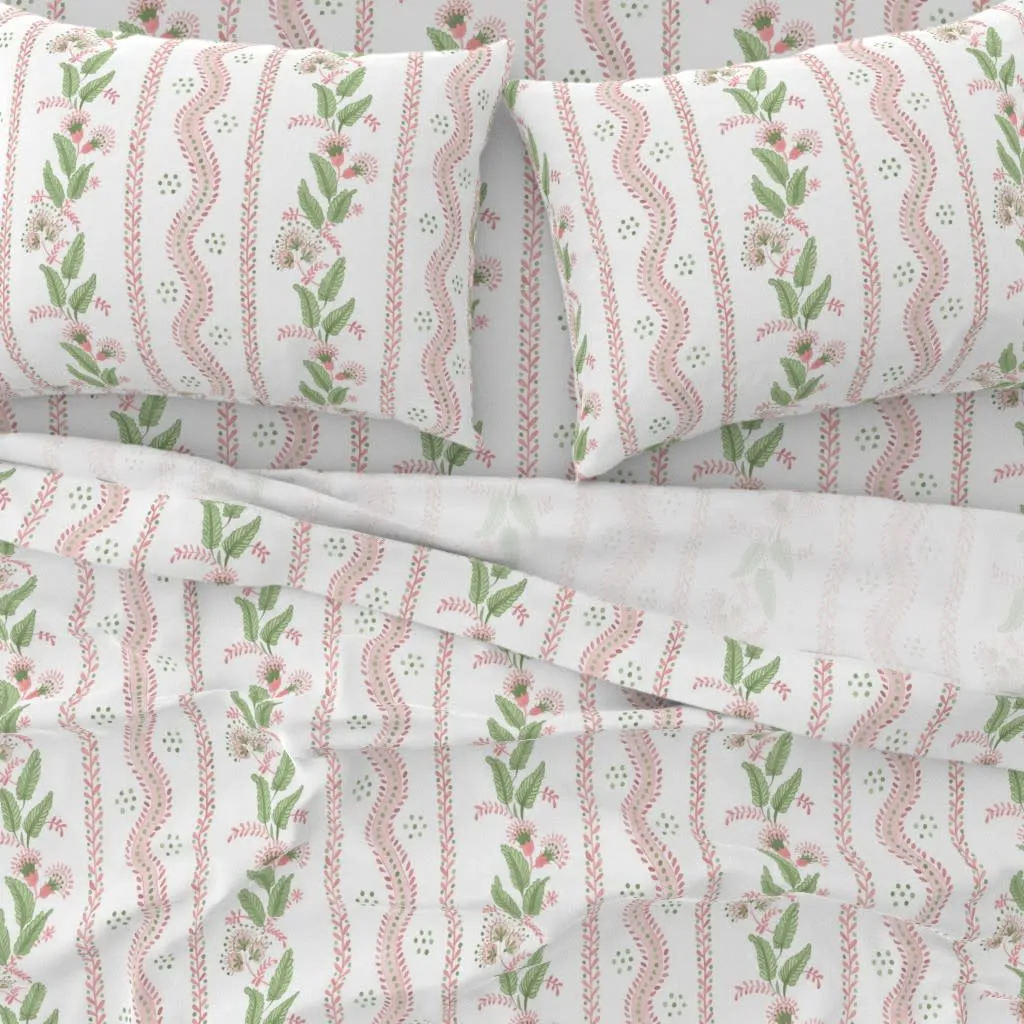 Pink and green floral stripe sheet set