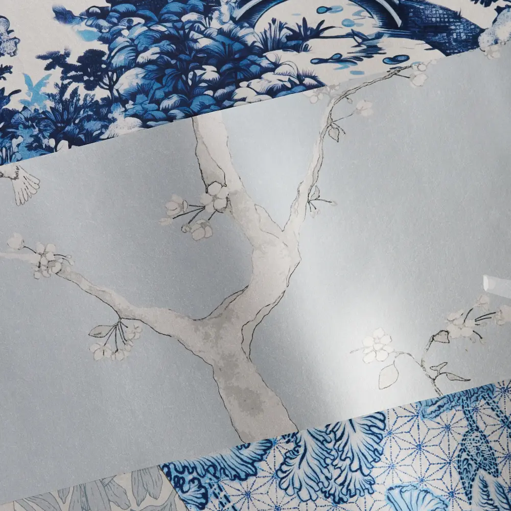 Chinoiserie designs on silver wallpaper