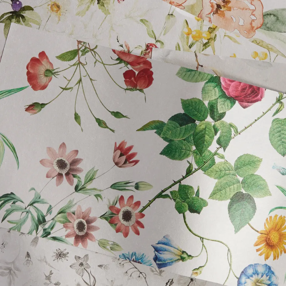 Floral designs on silver wallpaper