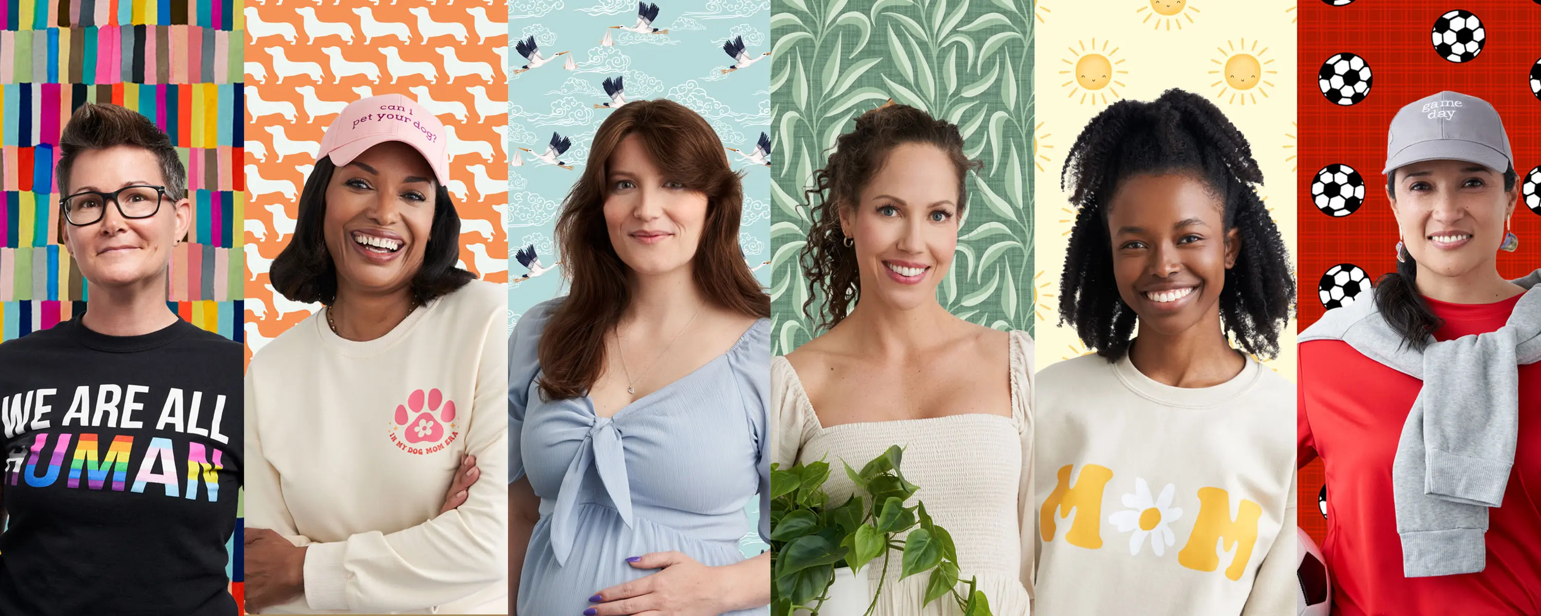 A photo collage group of moms behind colorful wallpapers.