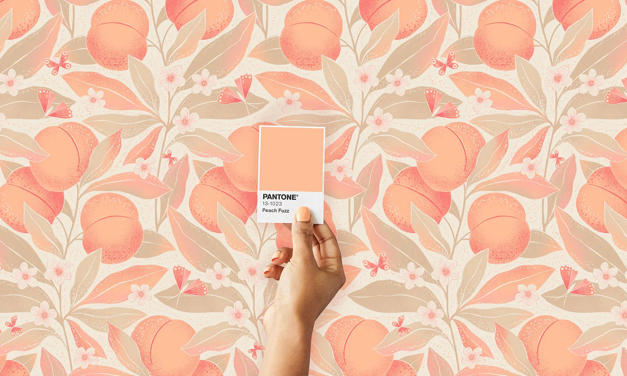 A color swatch of Pantone's Peach Fuzz with the design challenge's winner design in the background.