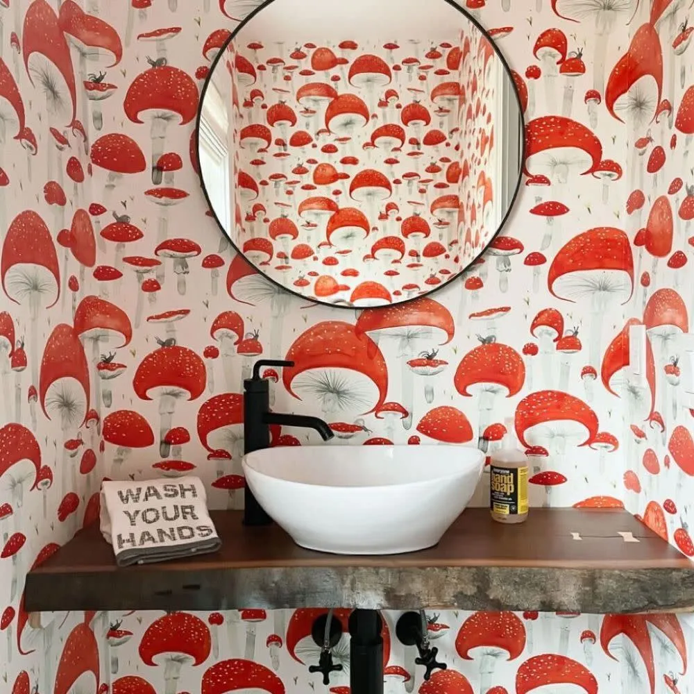Bathroom with Mushroom Wallpaper