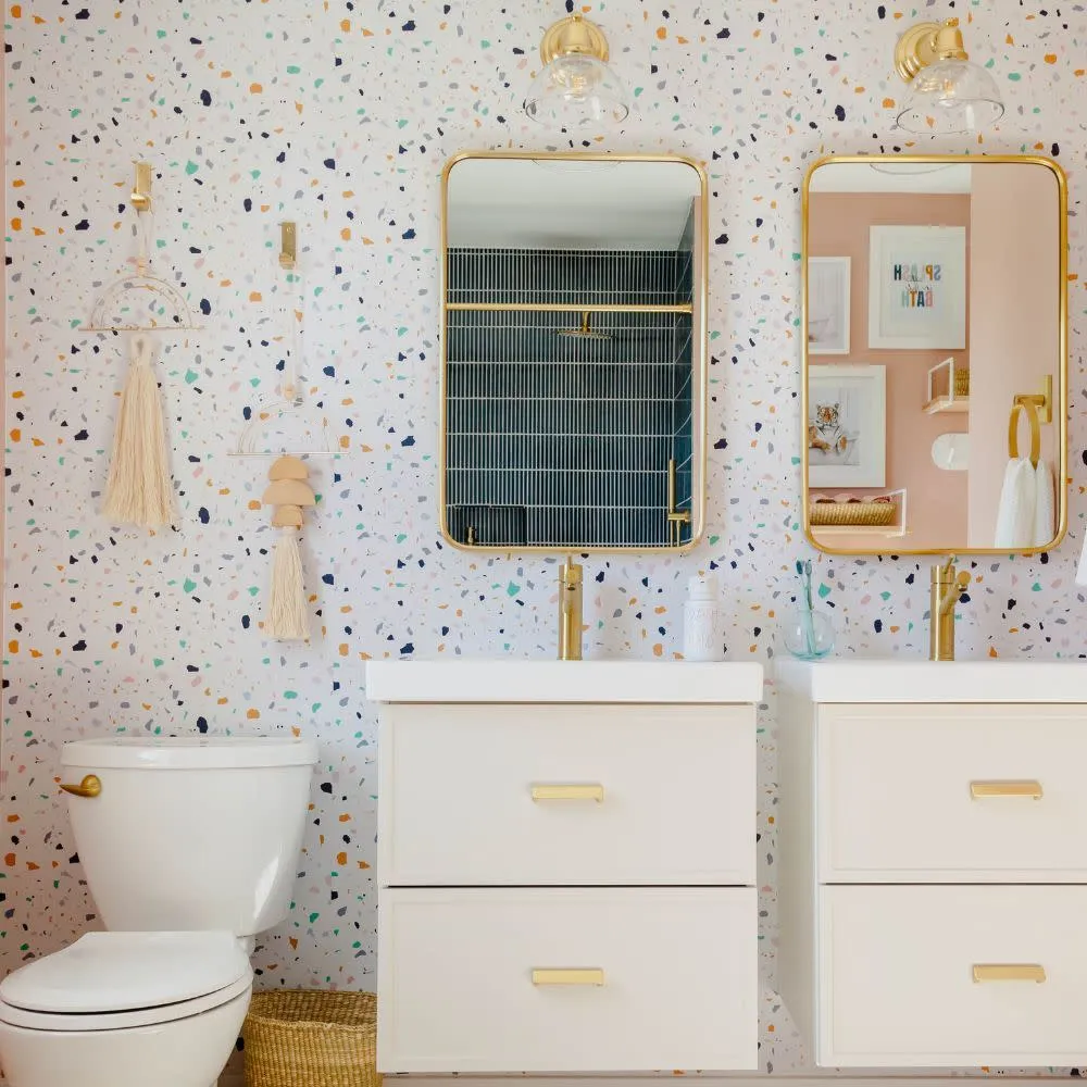 Kids bathroom with terrazzo print wallpaper