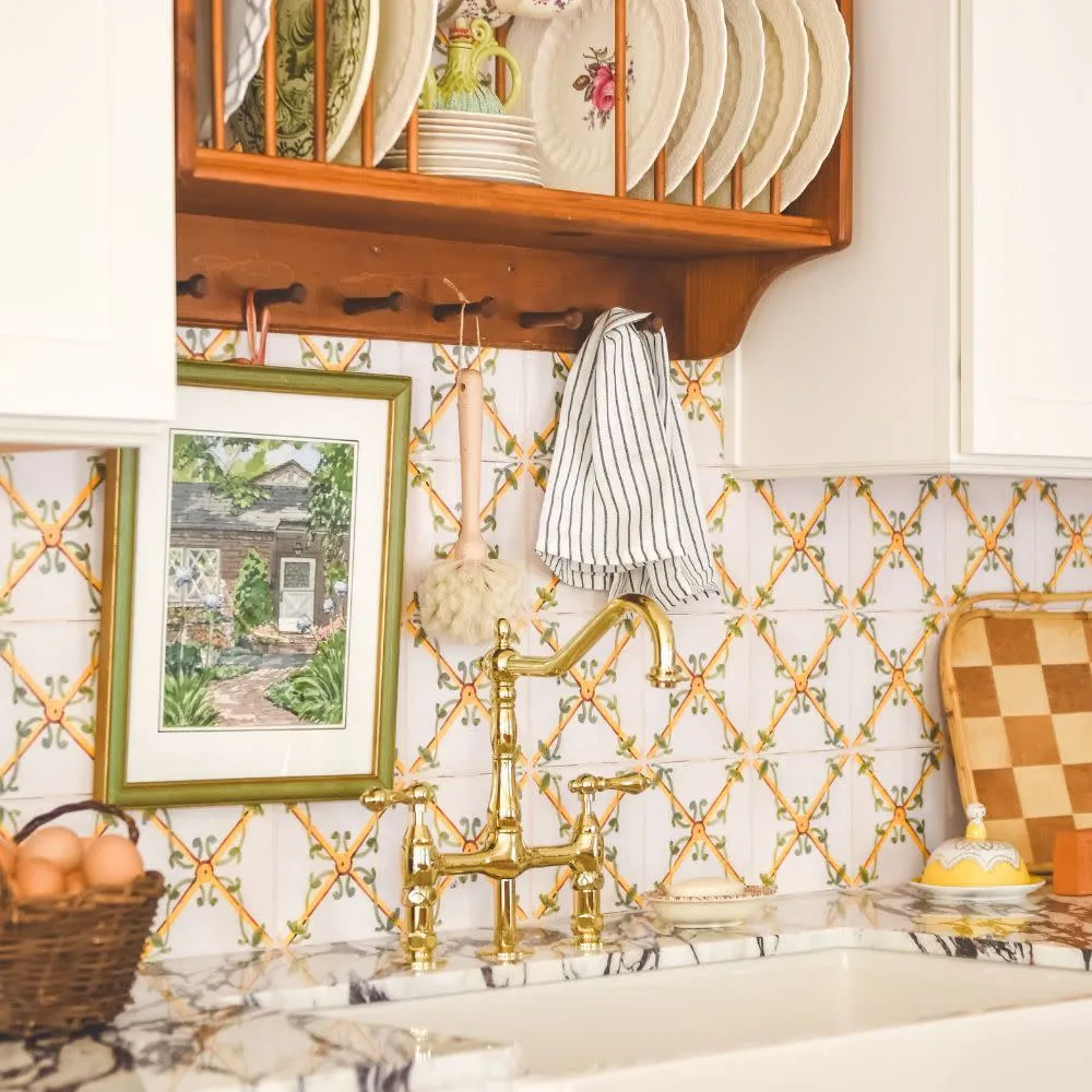 Kitchen with faux vintage tile wallpaper