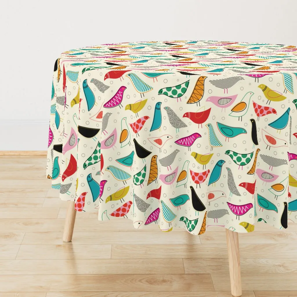 Mid century birds round tablecloth