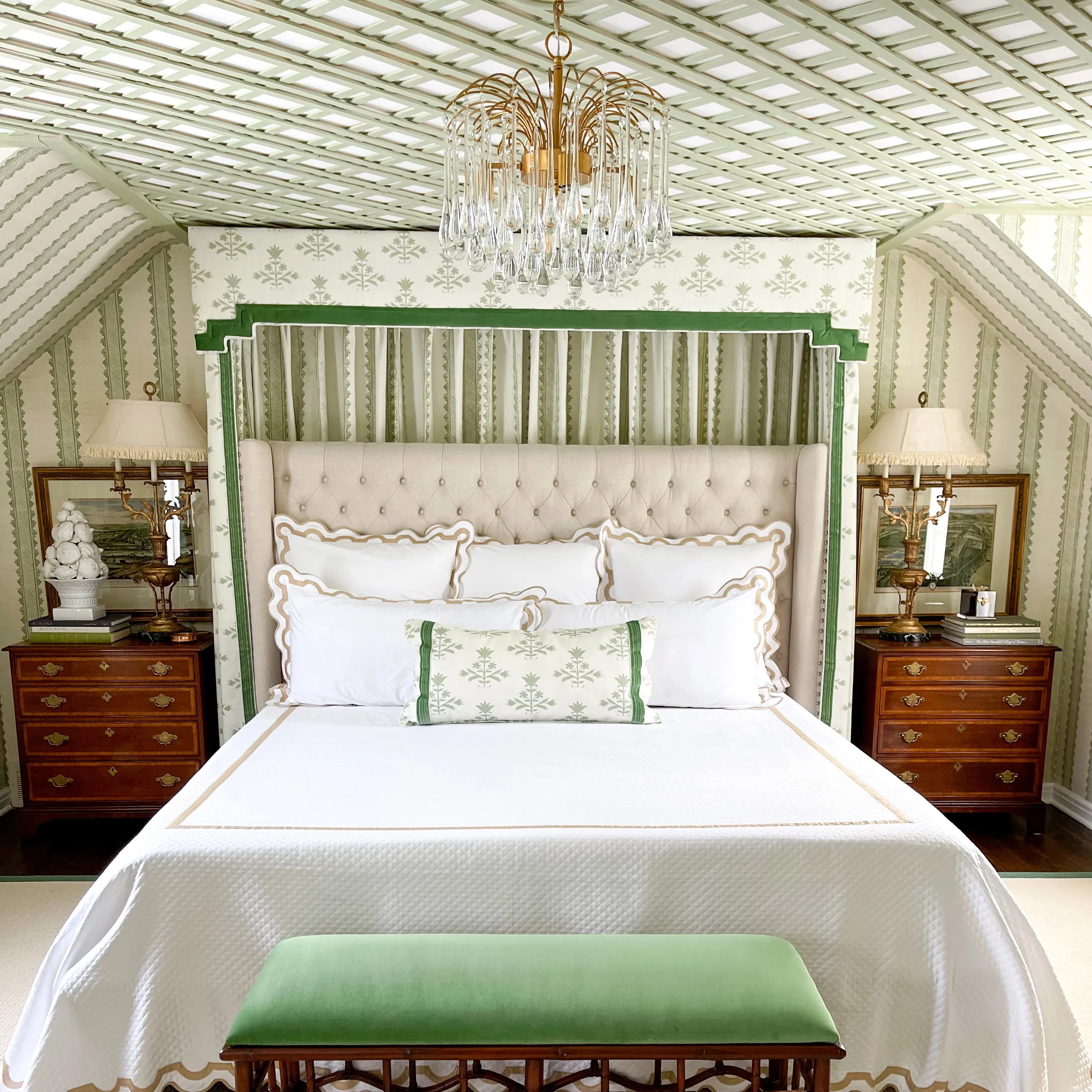 Grandmillennial room with green wallpaper on the walls and ceiling