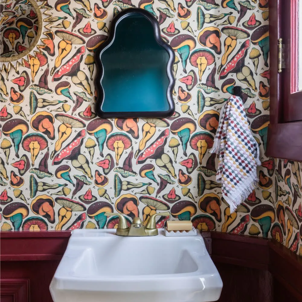 Bathroom with funny mushroom wallpaper