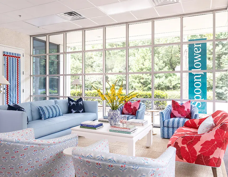 Spoonflower office lobby featuring a seating area with upholstered furniture